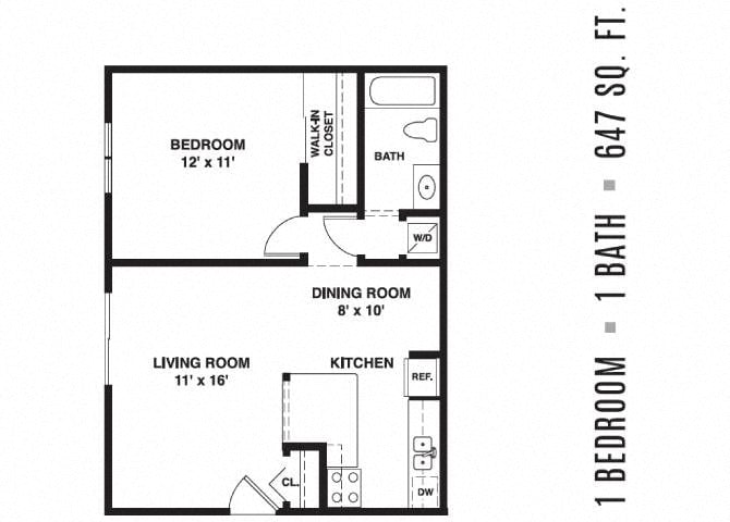 Floor plan for 1 bed, 1 bath, 647 sqft